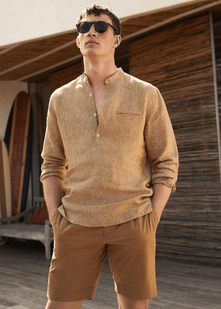 Linen Band-Collar Shirt
